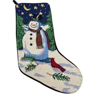 Vintage 80s Needlepoint Christmas Stocking Snowman Traditional Green Velvet